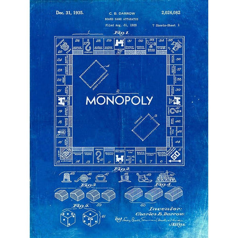 PP131- Faded Blueprint Monopoly Patent Poster Gold Ornate Wood Framed Art Print with Double Matting by Borders, Cole