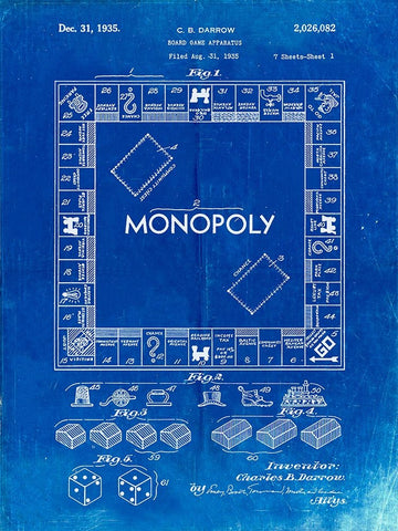 PP131- Faded Blueprint Monopoly Patent Poster White Modern Wood Framed Art Print with Double Matting by Borders, Cole