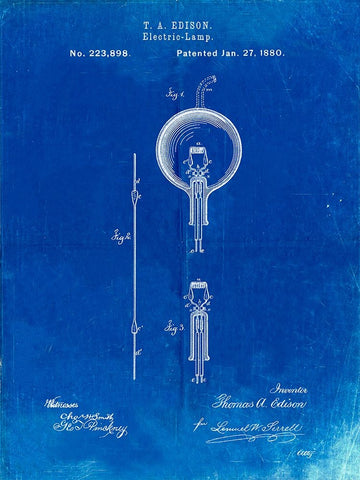 PP133- Faded Blueprint Thomas Edison Light Bulb Poster Black Ornate Wood Framed Art Print with Double Matting by Borders, Cole