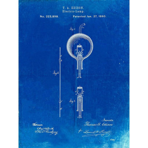 PP133- Faded Blueprint Thomas Edison Light Bulb Poster Black Modern Wood Framed Art Print with Double Matting by Borders, Cole