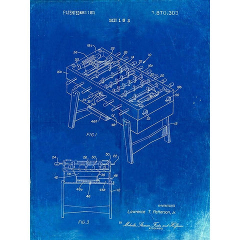 PP136- Faded Blueprint Foosball Game Patent Poster Gold Ornate Wood Framed Art Print with Double Matting by Borders, Cole