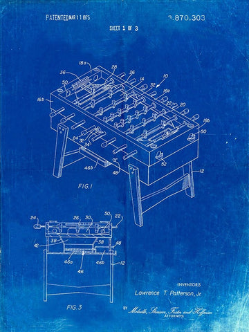 PP136- Faded Blueprint Foosball Game Patent Poster White Modern Wood Framed Art Print with Double Matting by Borders, Cole