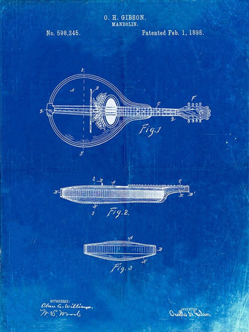 PP137- Faded Blueprint Gibson Mandolin A - Model Patent Poster White Modern Wood Framed Art Print with Double Matting by Borders, Cole