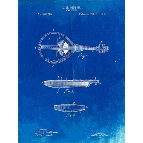 PP137- Faded Blueprint Gibson Mandolin A - Model Patent Poster White Modern Wood Framed Art Print by Borders, Cole