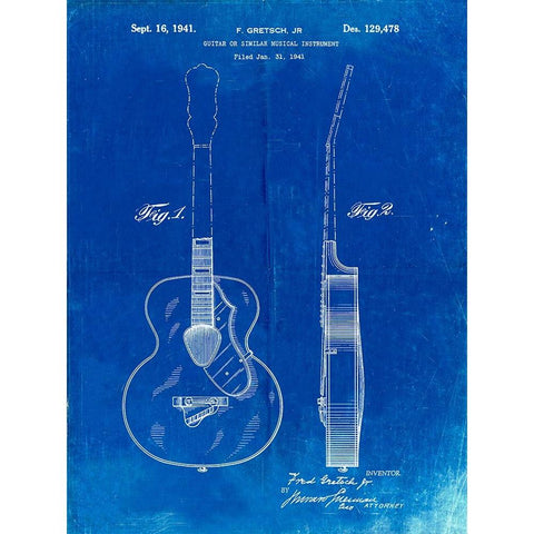 PP138- Faded Blueprint Gretsch 6022 Rancher Guitar Patent Poster White Modern Wood Framed Art Print by Borders, Cole