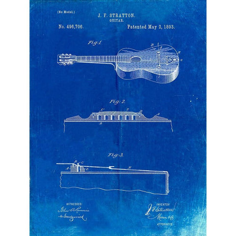 PP139- Faded Blueprint Stratton And Son Acoustic Guitar Patent Poster Black Modern Wood Framed Art Print with Double Matting by Borders, Cole