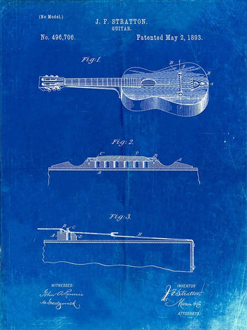 PP139- Faded Blueprint Stratton And Son Acoustic Guitar Patent Poster White Modern Wood Framed Art Print with Double Matting by Borders, Cole