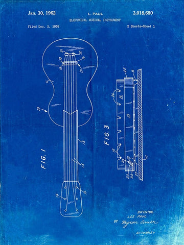 PP140- Faded Blueprint Gibson Les Paul Guitar Patent Poster Black Ornate Wood Framed Art Print with Double Matting by Borders, Cole