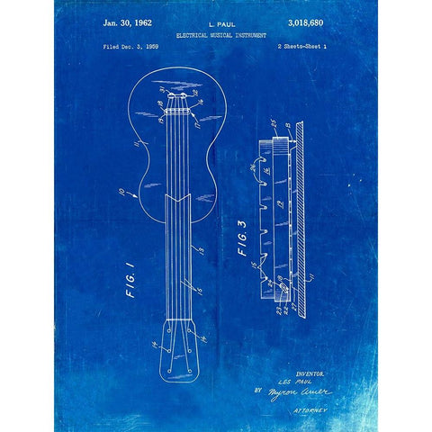 PP140- Faded Blueprint Gibson Les Paul Guitar Patent Poster White Modern Wood Framed Art Print by Borders, Cole