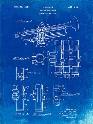 PP141- Faded Blueprint Selmer 1939 Trumpet Patent Poster White Modern Wood Framed Art Print with Double Matting by Borders, Cole