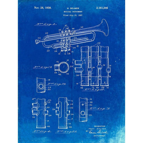 PP141- Faded Blueprint Selmer 1939 Trumpet Patent Poster White Modern Wood Framed Art Print by Borders, Cole
