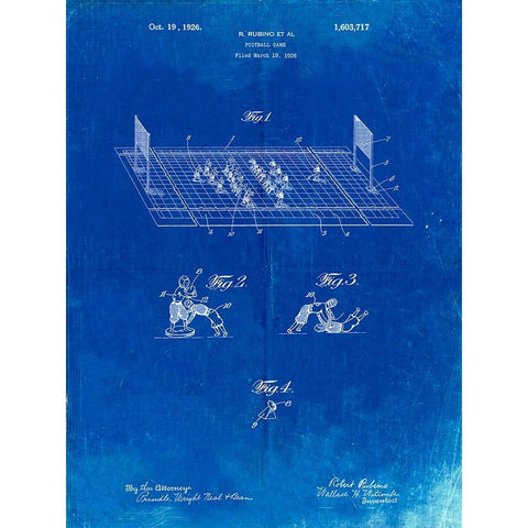 PP142- Faded Blueprint Football Board Game Patent Poster White Modern Wood Framed Art Print by Borders, Cole