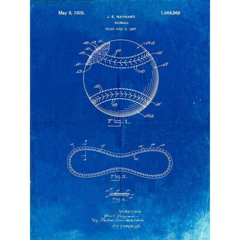 PP143- Faded Blueprint Baseball Stitching Patent White Modern Wood Framed Art Print by Borders, Cole