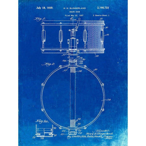 PP147- Faded Blueprint Slingerland Snare Drum Patent Poster Black Modern Wood Framed Art Print with Double Matting by Borders, Cole