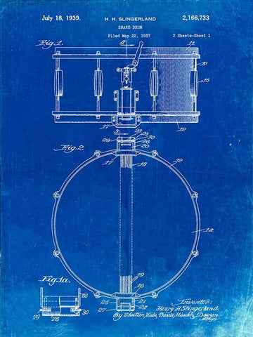 PP147- Faded Blueprint Slingerland Snare Drum Patent Poster White Modern Wood Framed Art Print with Double Matting by Borders, Cole