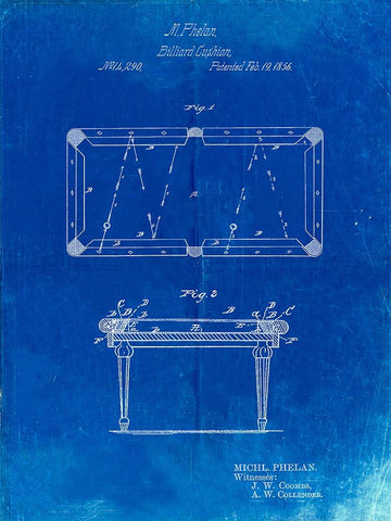PP149- Faded Blueprint Pool Table Patent Poster Black Ornate Wood Framed Art Print with Double Matting by Borders, Cole
