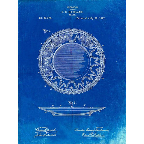 PP150- Faded Blueprint Haviland Dinner Plate Patent Poster Black Modern Wood Framed Art Print with Double Matting by Borders, Cole