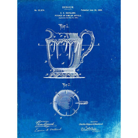 PP152- Faded Blueprint Kitchen Pitcher Poster Black Modern Wood Framed Art Print with Double Matting by Borders, Cole