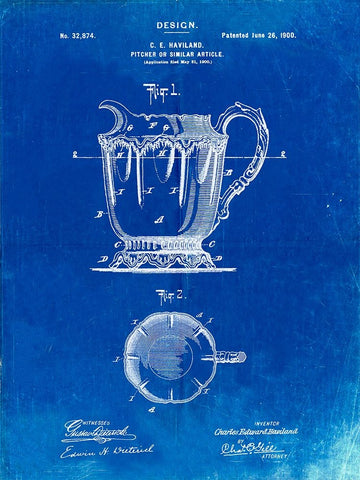 PP152- Faded Blueprint Kitchen Pitcher Poster White Modern Wood Framed Art Print with Double Matting by Borders, Cole
