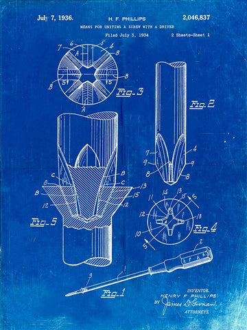 PP153- Faded Blueprint Phillips Head Screw Driver Patent Poster Black Ornate Wood Framed Art Print with Double Matting by Borders, Cole