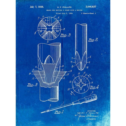 PP153- Faded Blueprint Phillips Head Screw Driver Patent Poster Gold Ornate Wood Framed Art Print with Double Matting by Borders, Cole