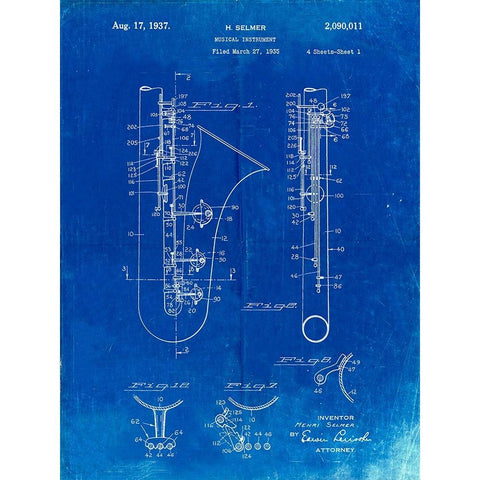 PP156- Faded Blueprint Selmer 1937 Saxophone Poster White Modern Wood Framed Art Print by Borders, Cole