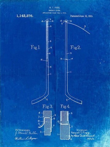 PP157- Faded Blueprint Hockey Stick 1915 Poster Black Ornate Wood Framed Art Print with Double Matting by Borders, Cole