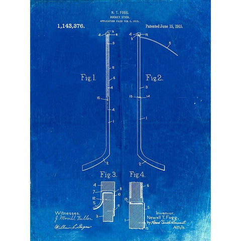 PP157- Faded Blueprint Hockey Stick 1915 Poster White Modern Wood Framed Art Print by Borders, Cole