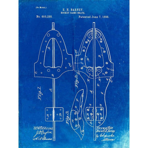 PP158- Faded Blueprint 1898 Hockey Skate Patent Poster White Modern Wood Framed Art Print by Borders, Cole