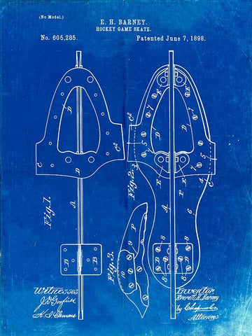 PP158- Faded Blueprint 1898 Hockey Skate Patent Poster White Modern Wood Framed Art Print with Double Matting by Borders, Cole