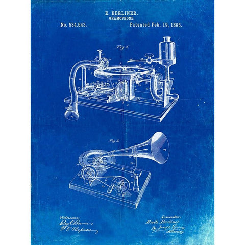 PP160- Faded Blueprint Berliner Gramophone Poster White Modern Wood Framed Art Print by Borders, Cole