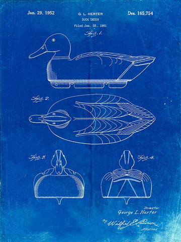 PP161- Faded Blueprint Duck Decoy Patent Poster Black Ornate Wood Framed Art Print with Double Matting by Borders, Cole