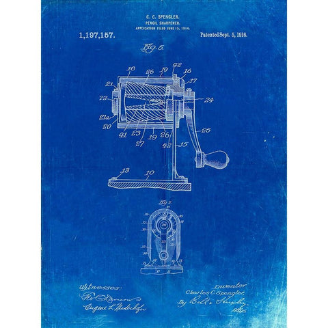 PP162- Faded Blueprint Pencil Sharpener Patent Poster White Modern Wood Framed Art Print by Borders, Cole