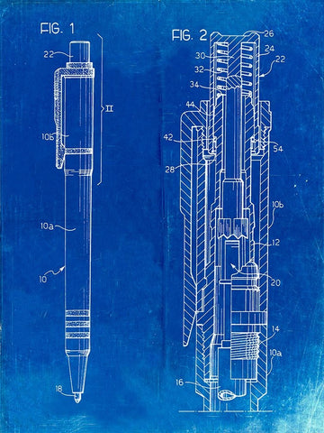 PP163- Faded Blueprint Ball Point Pen Patent Poster Black Ornate Wood Framed Art Print with Double Matting by Borders, Cole