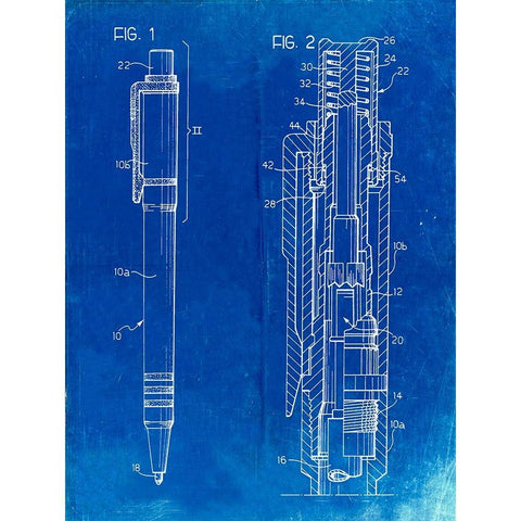 PP163- Faded Blueprint Ball Point Pen Patent Poster Gold Ornate Wood Framed Art Print with Double Matting by Borders, Cole