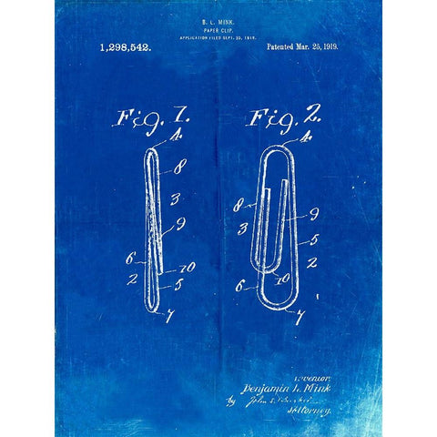 PP165- Faded Blueprint Paper Clip Patent Poster White Modern Wood Framed Art Print by Borders, Cole