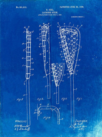 PP166- Faded Blueprint Lacrosse Stick Patent Poster White Modern Wood Framed Art Print with Double Matting by Borders, Cole