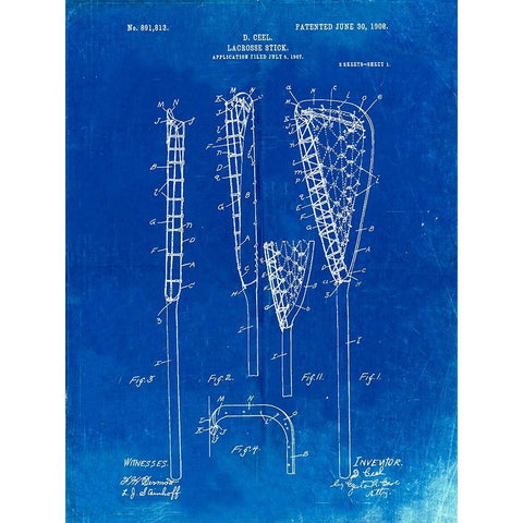 PP166- Faded Blueprint Lacrosse Stick Patent Poster Black Modern Wood Framed Art Print by Borders, Cole