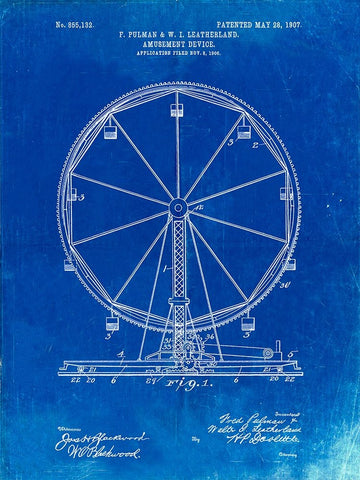 PP167- Faded Blueprint Ferris Wheel Poster Black Ornate Wood Framed Art Print with Double Matting by Borders, Cole