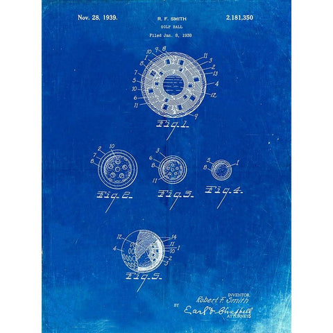 PP168- Faded Blueprint Golf Ball Uniformity Patent Poster White Modern Wood Framed Art Print by Borders, Cole