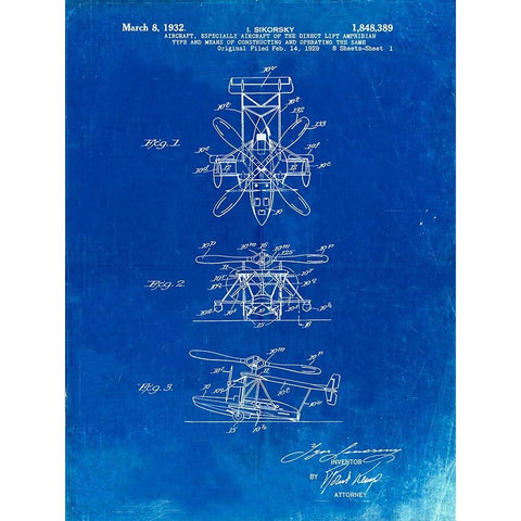 PP170- Faded Blueprint Sikorsky S-41 Amphibian Aircraft Patent Poster White Modern Wood Framed Art Print by Borders, Cole