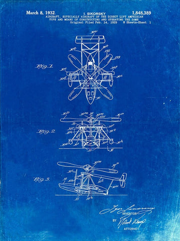 PP170- Faded Blueprint Sikorsky S-41 Amphibian Aircraft Patent Poster White Modern Wood Framed Art Print with Double Matting by Borders, Cole