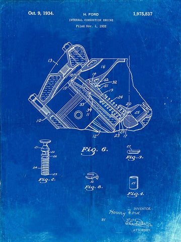 PP172- Faded Blueprint Ford V-8 Combustion Engine 1934 Patent Poster Black Ornate Wood Framed Art Print with Double Matting by Borders, Cole