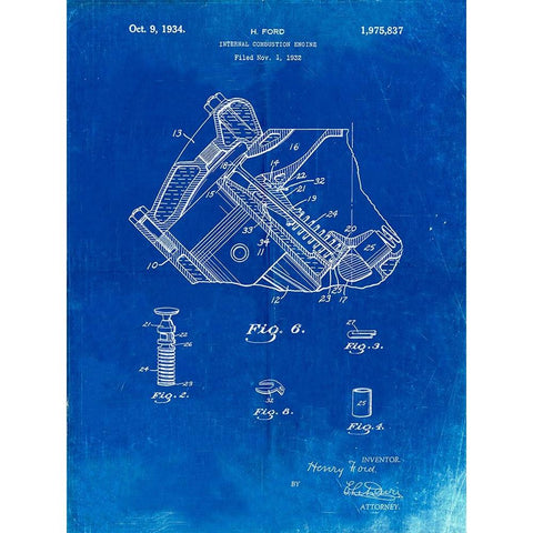 PP172- Faded Blueprint Ford V-8 Combustion Engine 1934 Patent Poster White Modern Wood Framed Art Print by Borders, Cole