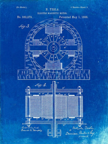 PP173- Faded Blueprint Tesla Electro Motor Patent Poster Black Ornate Wood Framed Art Print with Double Matting by Borders, Cole