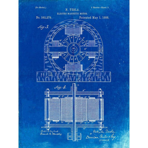 PP173- Faded Blueprint Tesla Electro Motor Patent Poster Black Modern Wood Framed Art Print by Borders, Cole