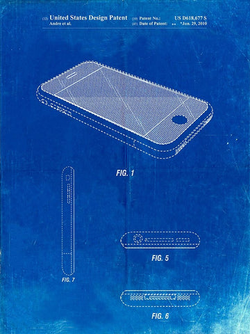 PP177- Faded Blueprint iPhone 3 Patent Poster White Modern Wood Framed Art Print with Double Matting by Borders, Cole