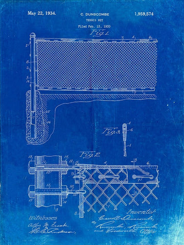 PP181- Faded Blueprint Tennis Net Patent Poster White Modern Wood Framed Art Print with Double Matting by Borders, Cole