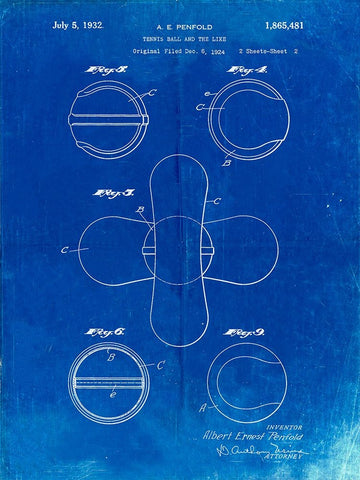 PP182- Faded Blueprint Tennis Ball 1932 Patent Poster Black Ornate Wood Framed Art Print with Double Matting by Borders, Cole