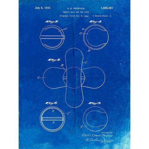 PP182- Faded Blueprint Tennis Ball 1932 Patent Poster Gold Ornate Wood Framed Art Print with Double Matting by Borders, Cole